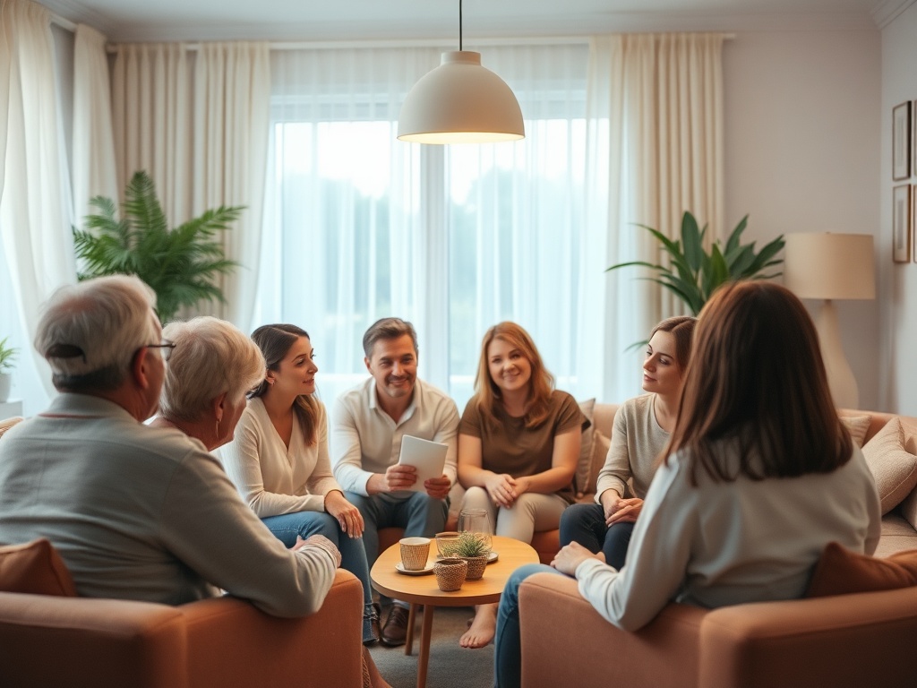 "warm therapy group circle" "soft evening light" "diverse adults sharing" "supportive gestures" "calm coach guiding" "cozy living-room setting" "muted pastel colors" "subtle depth of field"