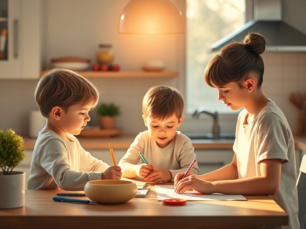 "A calm kitchen scene showing a parent and two children drawing and talking, soft morning light, gentle colors, subtle protection aura, cozy home."