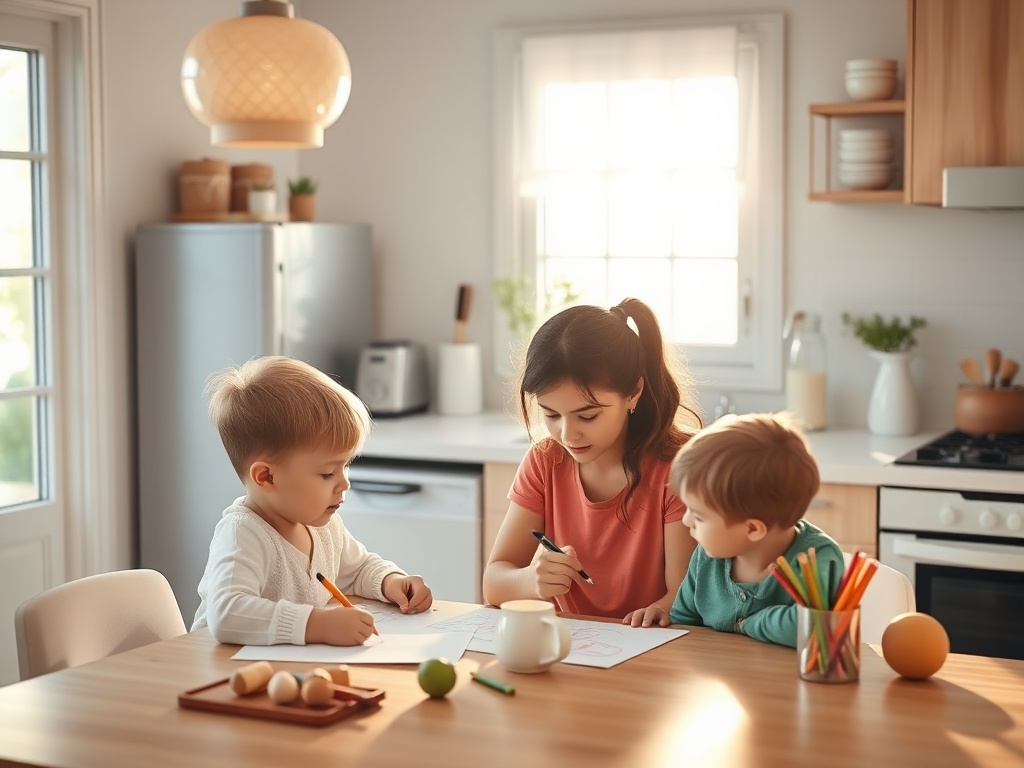 "A calm kitchen scene showing a parent and two children drawing and talking, soft morning light, gentle colors, subtle protection aura, cozy home."