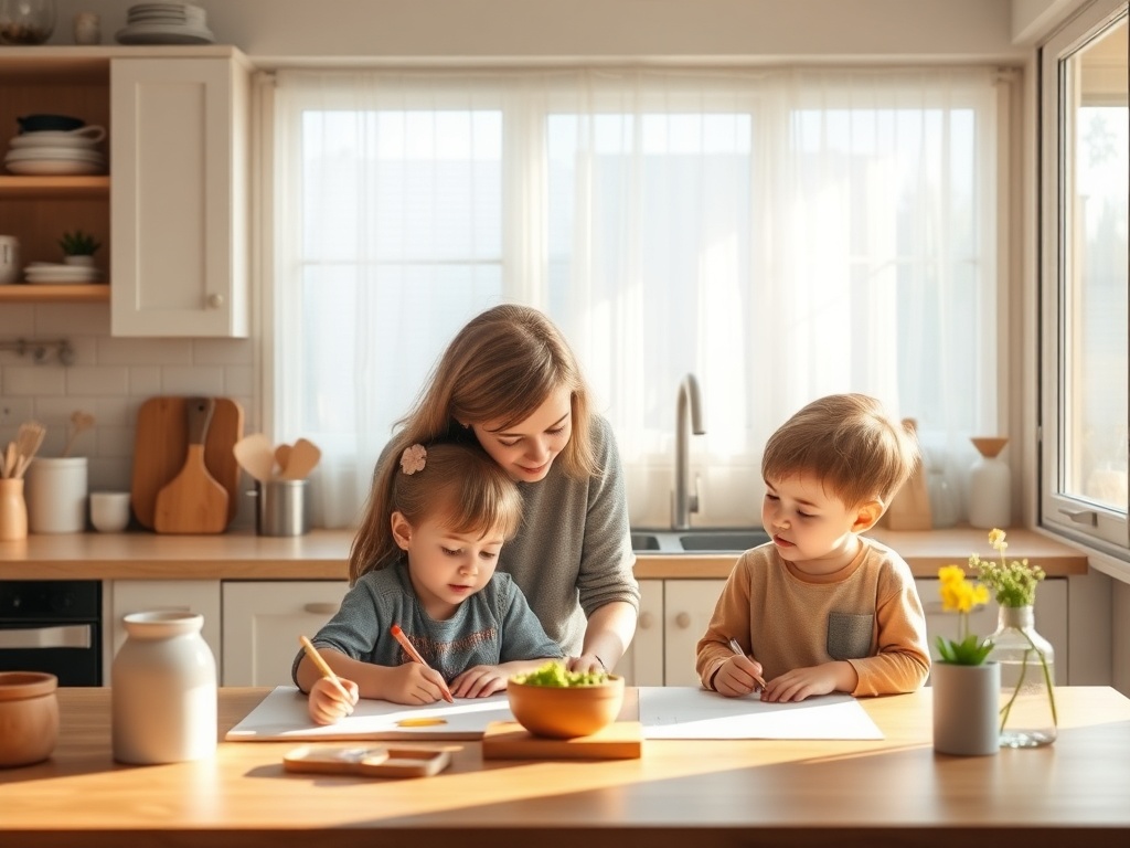 "A calm kitchen scene showing a parent and two children drawing and talking, soft morning light, gentle colors, subtle protection aura, cozy home."