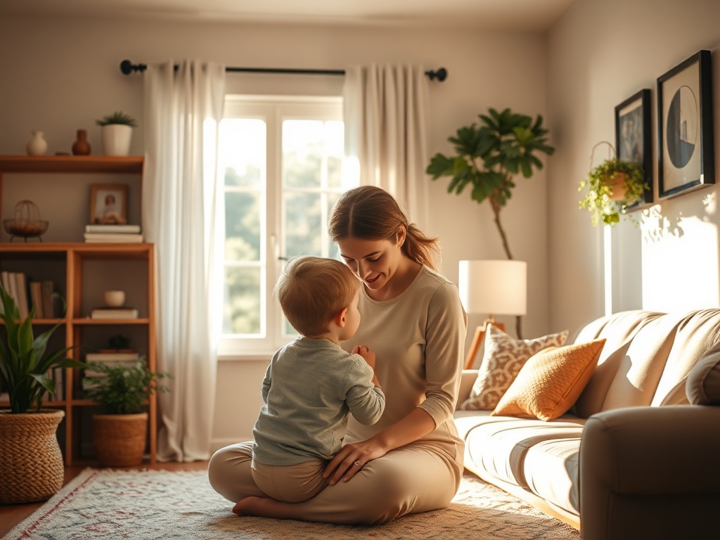 "A serene parent with calm posture sets clear boundaries in a cozy, balanced home; soft light, protective aura around child, gentle, non-confrontational atmosphere."