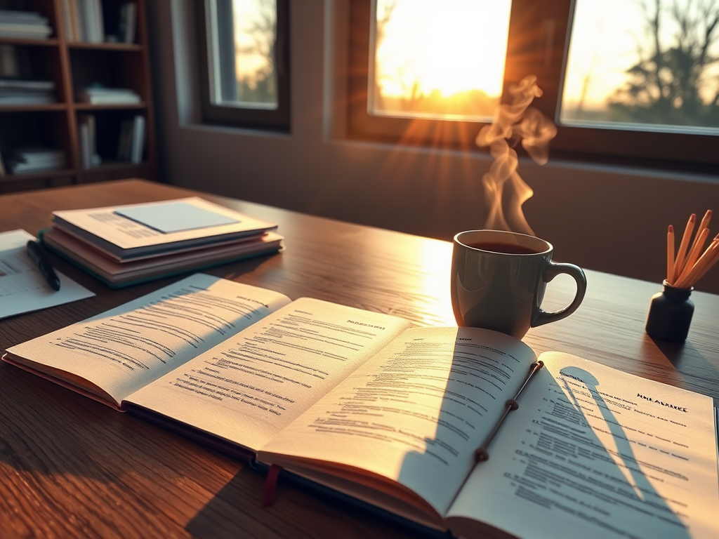 Een rustige werkplek met een houten bureau en koffie.