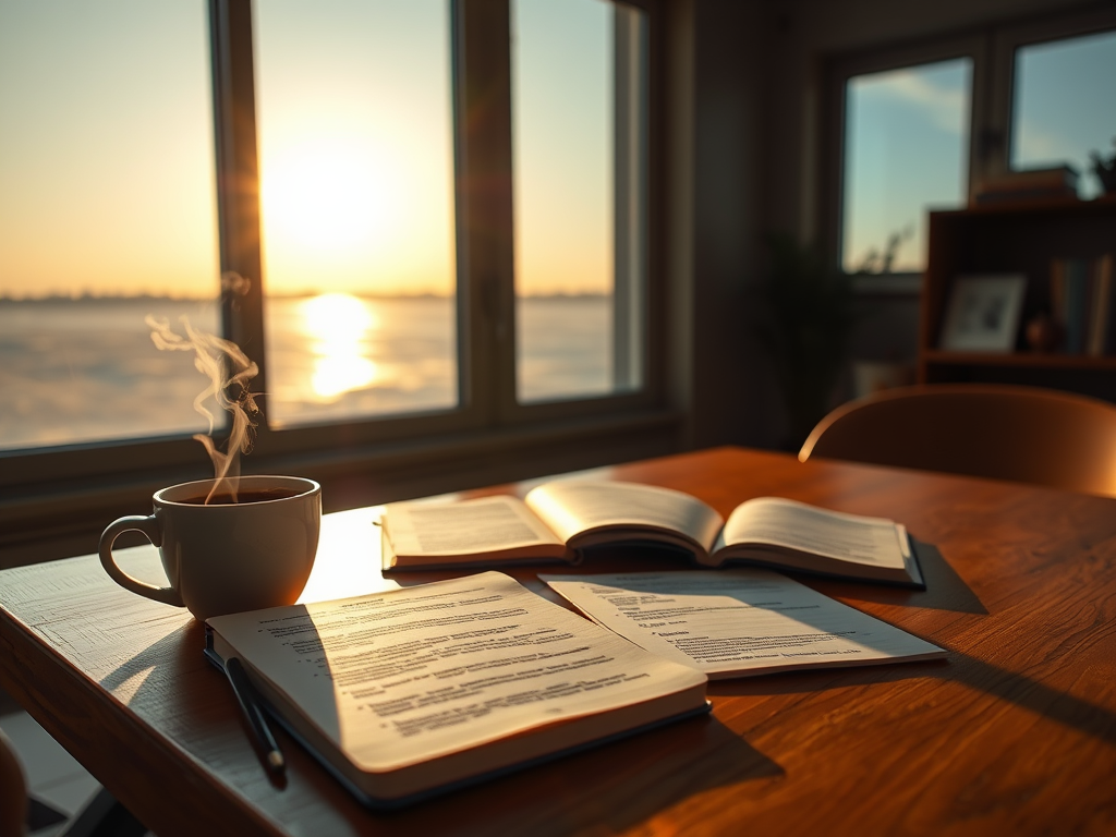 Een serene werkplek met een bureau, koffie en notitieboeken.