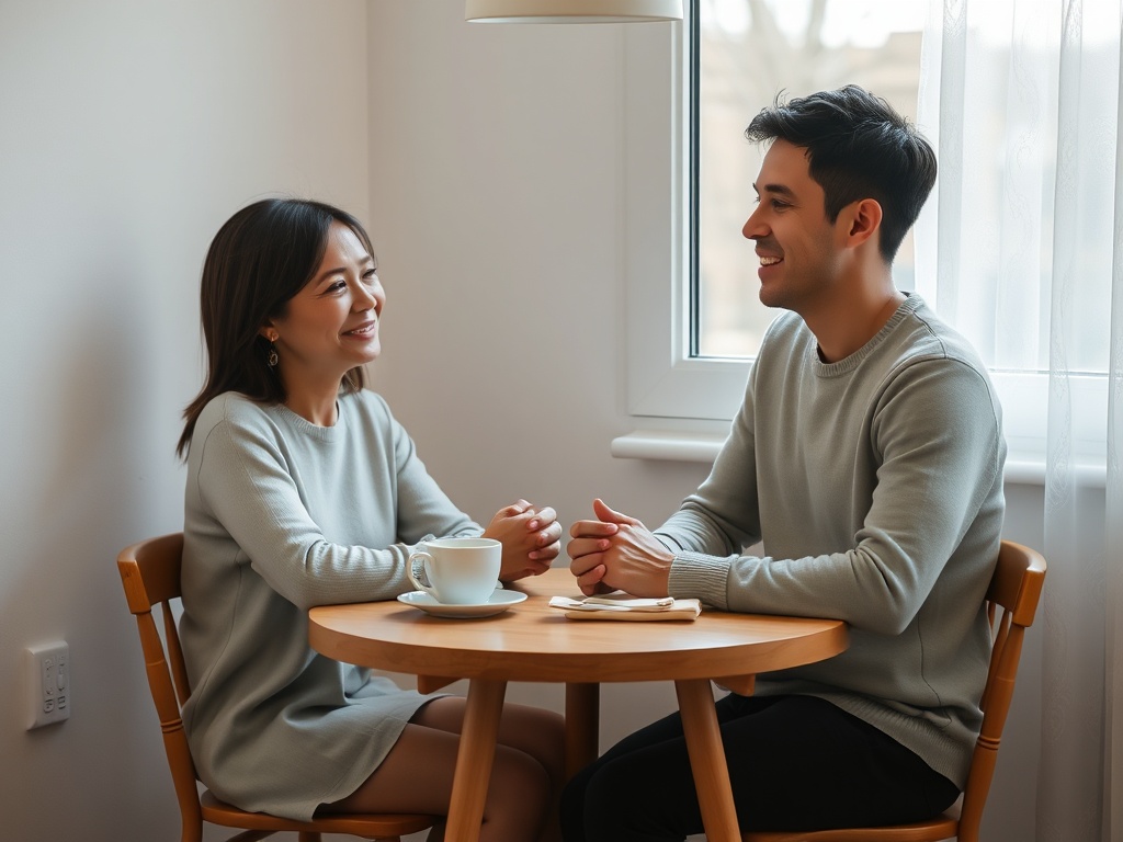 "cozy couple seated at small kitchen table" "soft morning light through window" "warm neutral tones, gentle smiles" "subtle clasped hands, relaxed posture" "small rituals