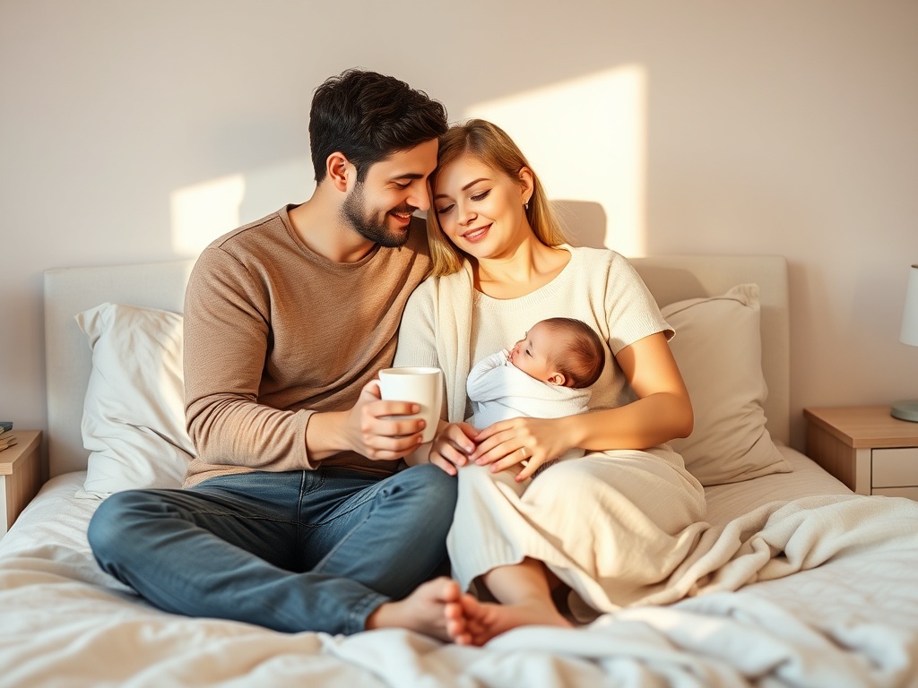 "Warm intimate bedroom scene" "new parents sitting close on bed, soft morning light" "gentle clutter