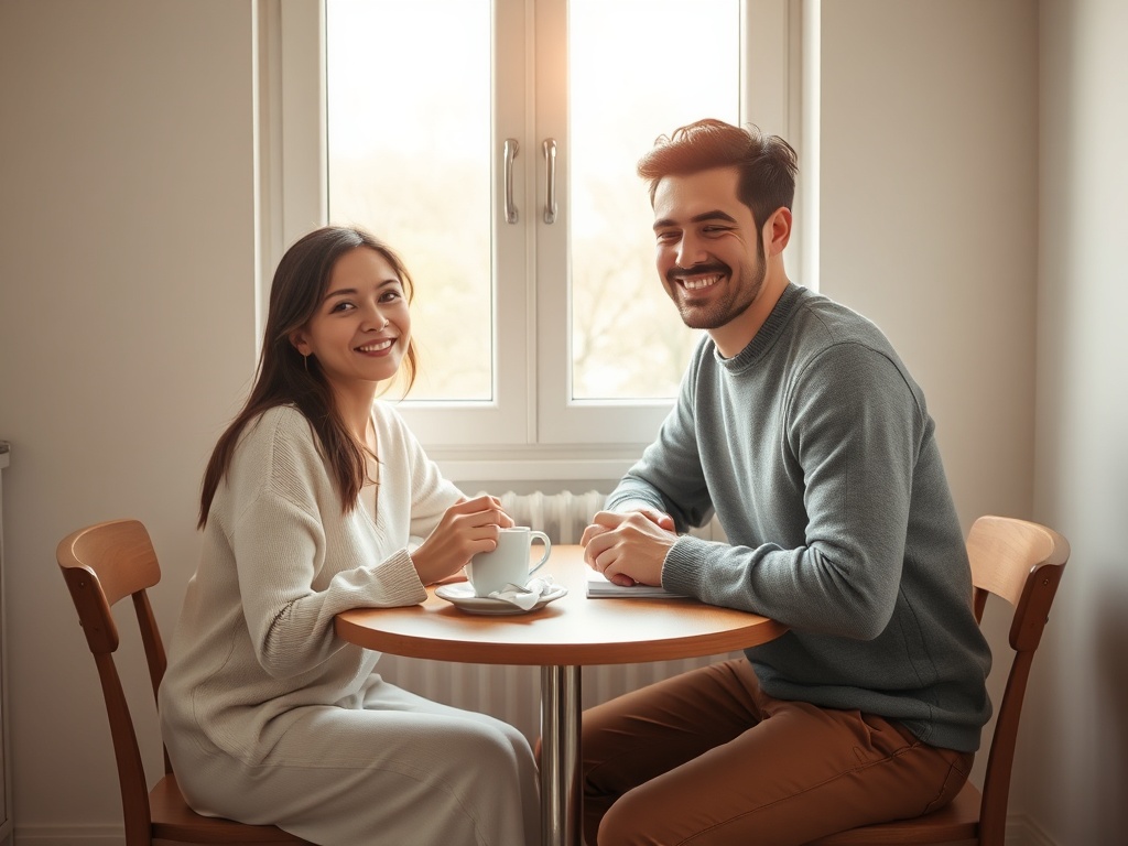 "cozy couple seated at small kitchen table" "soft morning light through window" "warm neutral tones, gentle smiles" "subtle clasped hands, relaxed posture" "small rituals