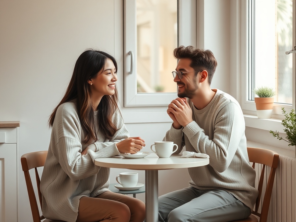 "cozy couple seated at small kitchen table" "soft morning light through window" "warm neutral tones, gentle smiles" "subtle clasped hands, relaxed posture" "small rituals
