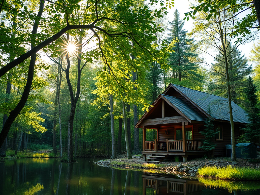 "serene forest cabin" surrounded by "lush green trees," "gentle sunlight filtering through leaves," a "quiet lake reflecting the sky," and a "cozy wooden porch."