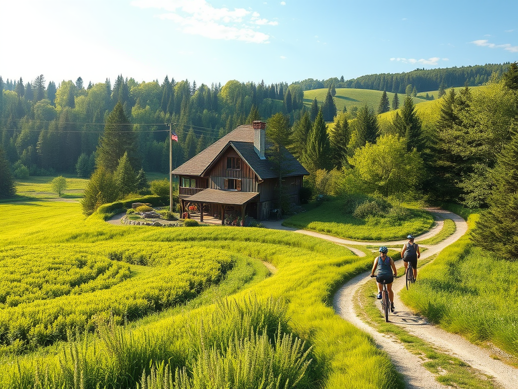 "Charming rustic farmhouse" surrounded by "lush green fields" and "winding forest trails," with "bicyclists and hikers enjoying nature" under a bright, clear sky.