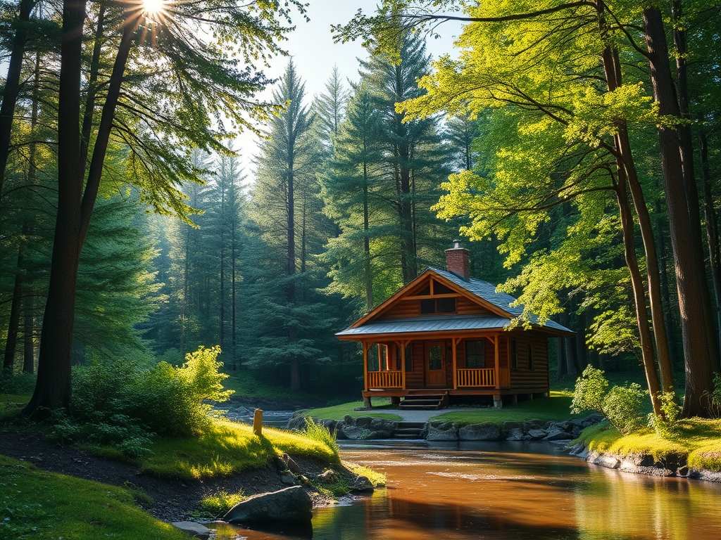 "peaceful forest clearing" with "a cozy wooden cabin" surrounded by "lush green trees," "soft sunlight filtering through leaves," and "a calm river flowing nearby."