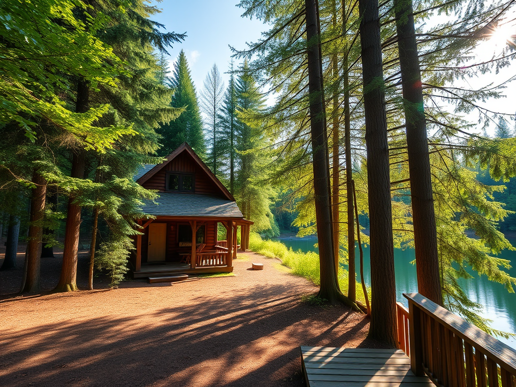 "serene forest cabin" surrounded by "lush green trees," "gentle sunlight filtering through leaves," a "quiet lake reflecting the sky," and a "cozy wooden porch."