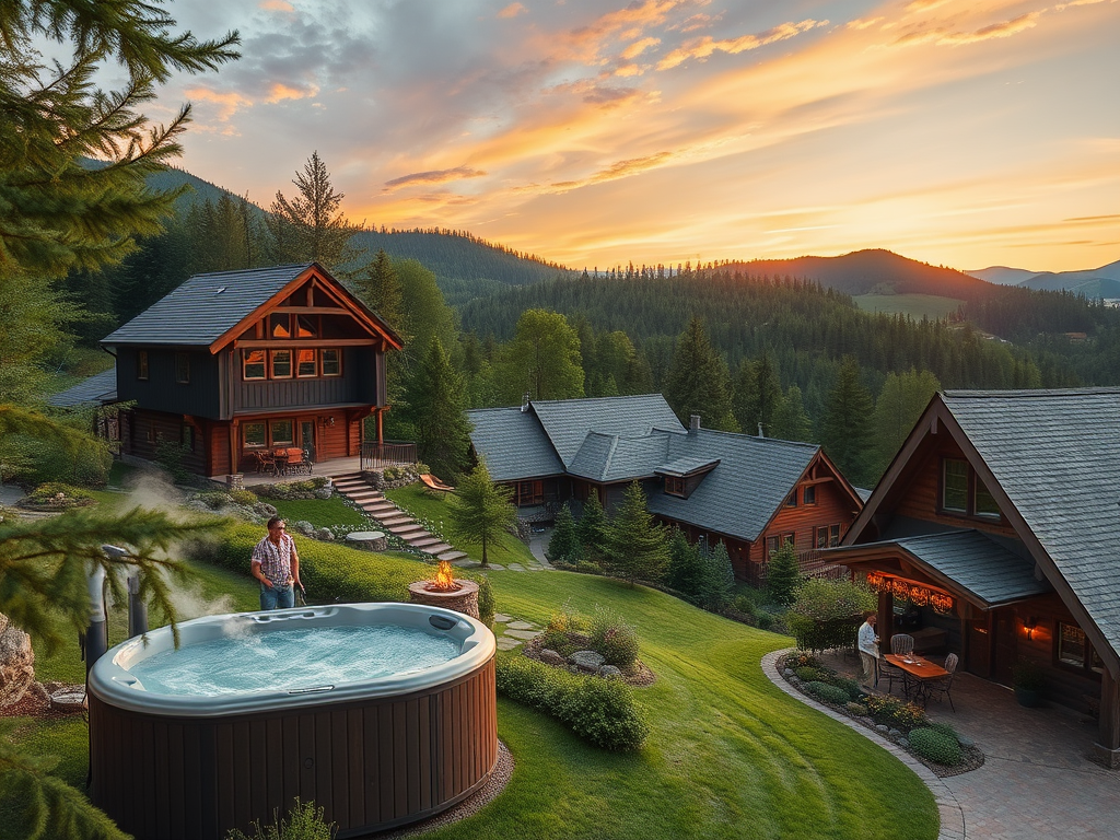 "Cozy rustic vacation homes" surrounded by "lush green forests and rolling hills," with "hikers and cyclists on scenic trails," a "hot tub steaming at sunset," and a "charming countryside bistro."