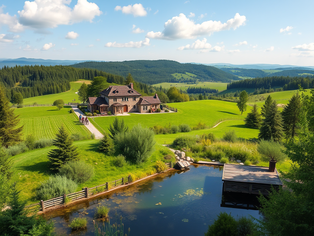 "Rustic large farmhouse surrounded by lush green fields and dense forests" "group of people hiking and cycling on scenic trails" "tranquil natural pond with wooden deck and wellness area" "sunny sky with soft clouds over rolling hills"