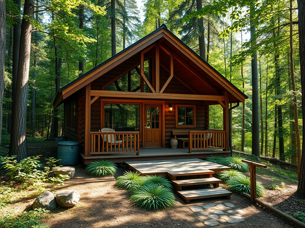 "Cozy spacious cabin" surrounded by "lush green forest," featuring "steaming hot tub," "wooden sauna," with "sunlight filtering through trees" and "serene walking trails."