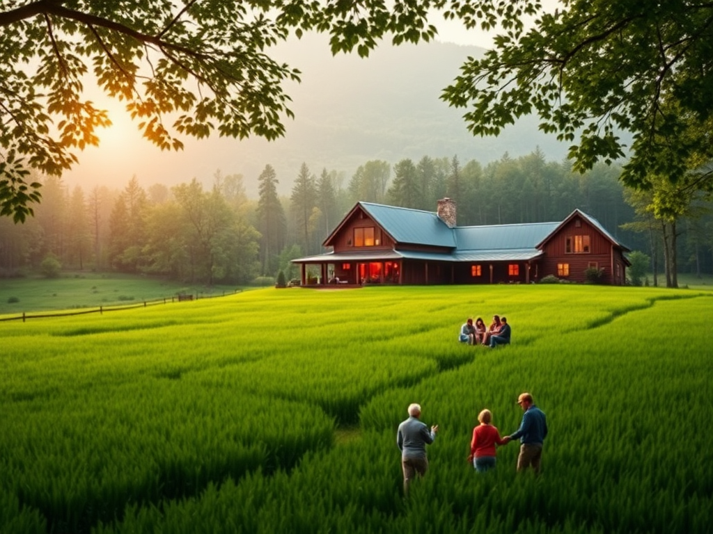 "Cozy rustic farmhouse surrounded by lush green fields" "peaceful forest backdrop with soft sunlight" "spacious charming cottages with warm lights" "groups enjoying outdoor comfort and nature"