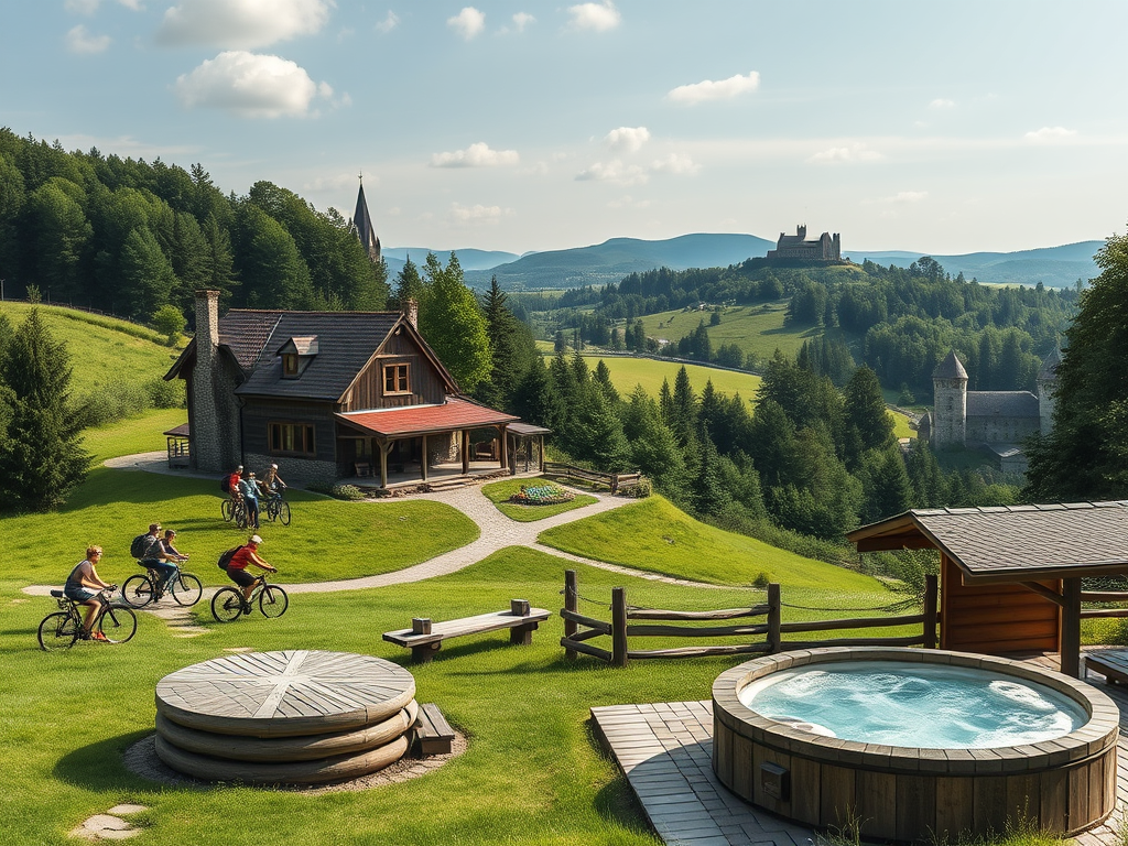 "Cozy rustic farmhouse surrounded by lush green fields" "group of people hiking and biking on forest paths" "nearby old abbey and fortress in distance" "relaxing sauna and bubbling hot tub with scenic views"