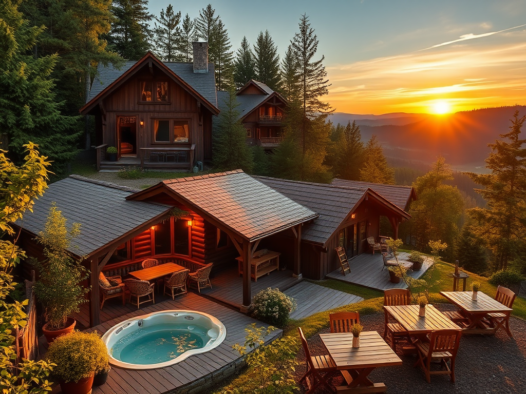 "Cozy rustic cottages" "lush green forest surroundings" "family enjoying sauna and hot-tub" "children exploring nature trails" "warm outdoor bistro with wooden tables" "sunset casting golden light over peaceful landscape"
