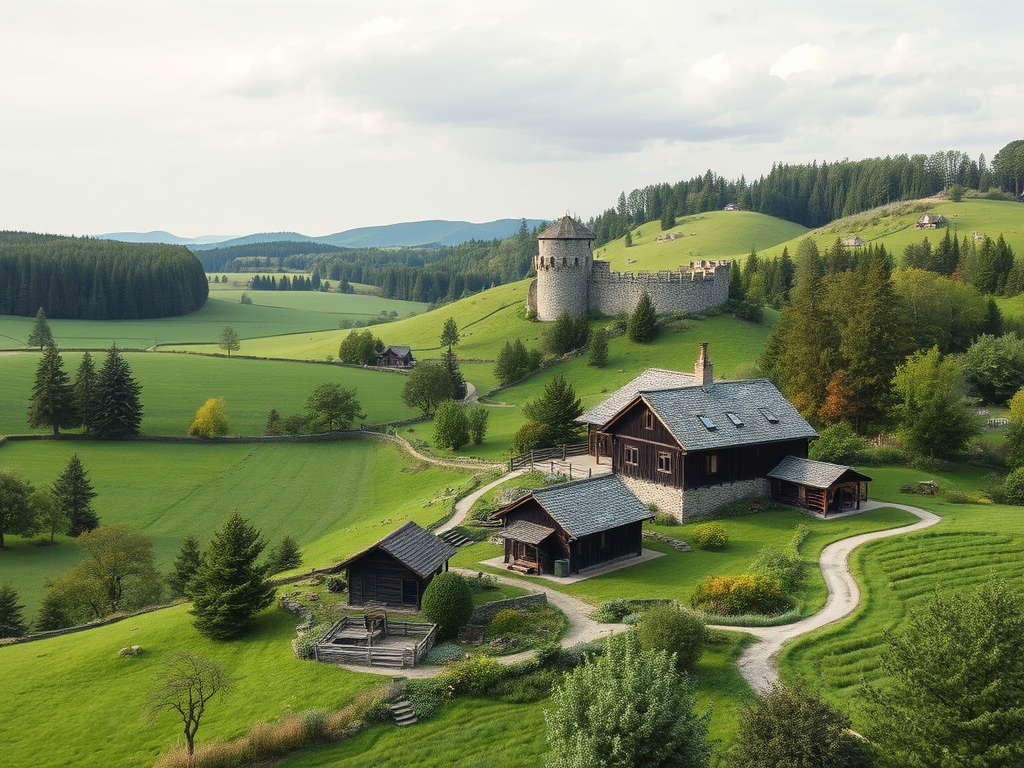 "serene farmstead" surrounded by "lush green fields" and "dense forest trails," with "cozy rustic cottages," "winding walking paths," and a distant "historic stone fort."