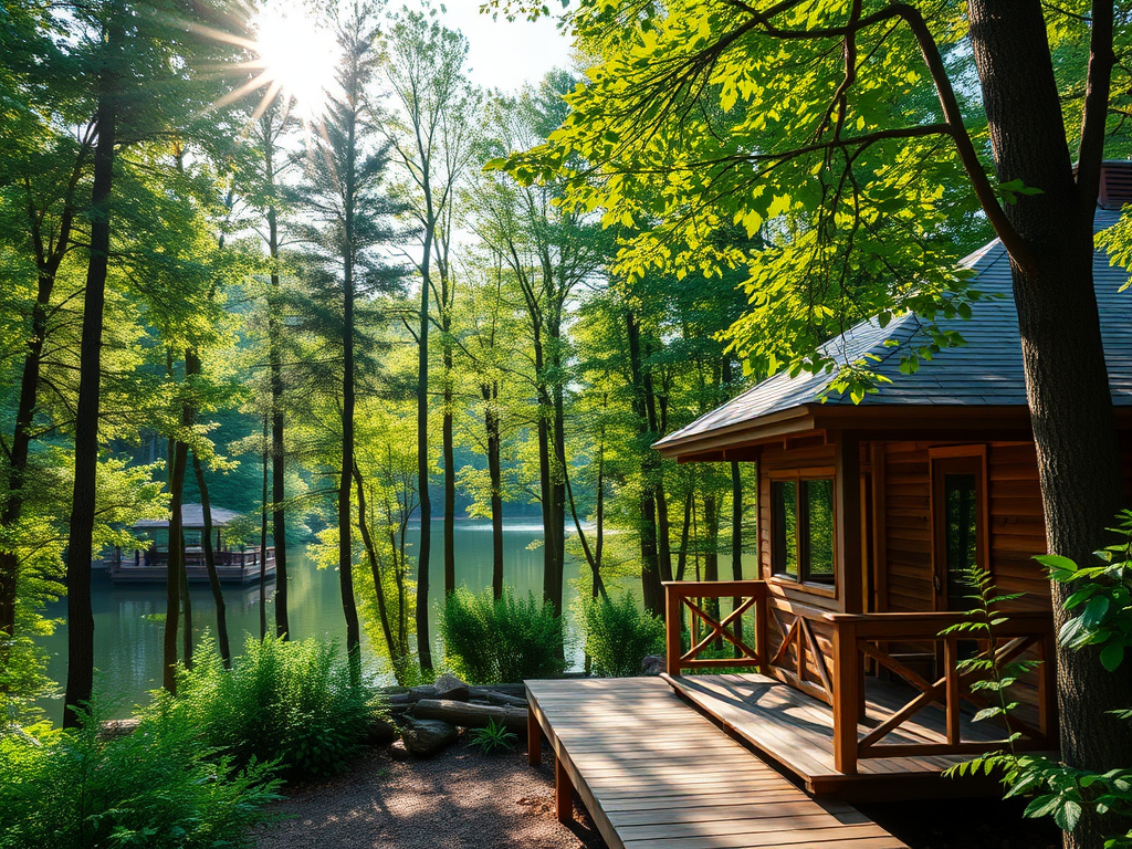 "serene forest cabin" surrounded by "lush green trees," "gentle sunlight filtering through leaves," a "quiet lake reflecting the sky," and a "cozy wooden porch."