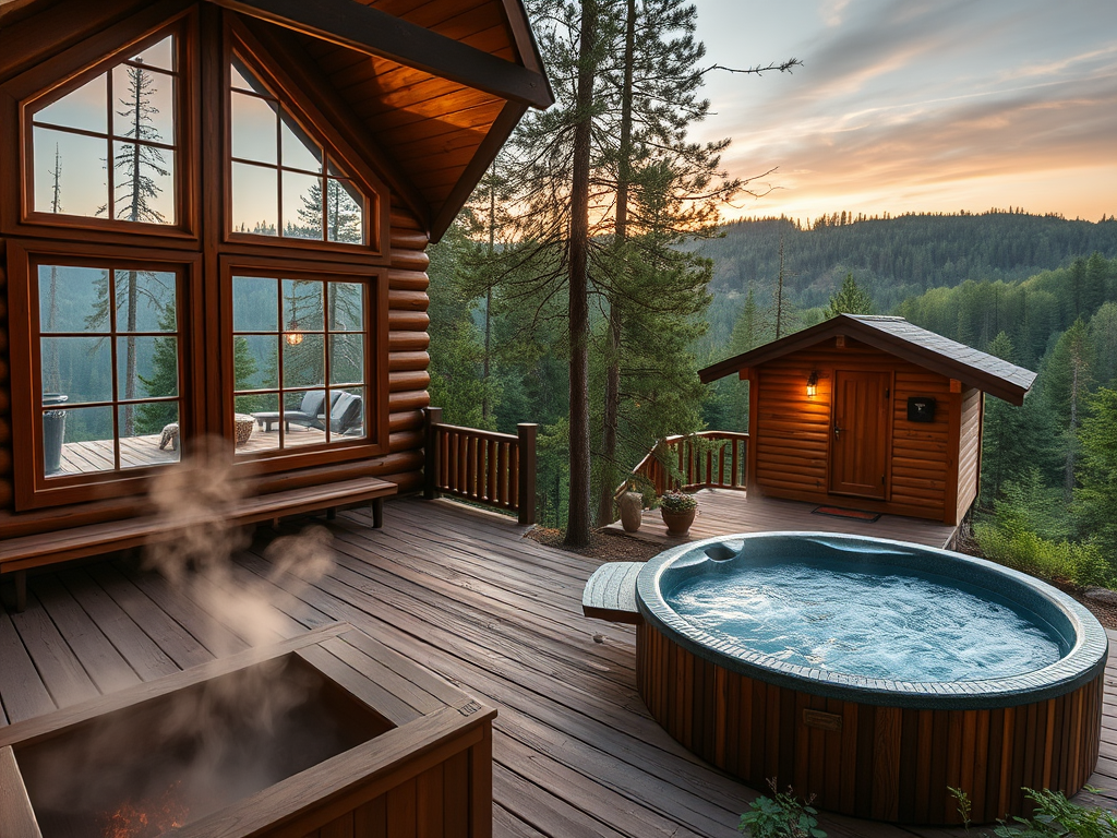 "four rustic vacation homes" "large windows overlooking rolling hills and dense forests" "sunset lighting casting warm glow" "outdoor sauna with steam rising" "hot tub surrounded by natural greenery" "peaceful, serene atmosphere"