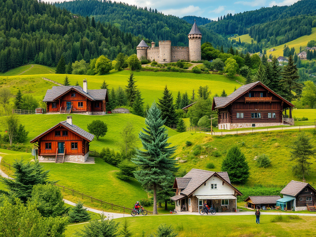 "Four spacious rustic vacation homes" "lush green rolling hills" "dense forest paths" "group of hikers and cyclists" "picturesque quaint villages" "historic stone fortress in background" "peaceful natural countryside setting"