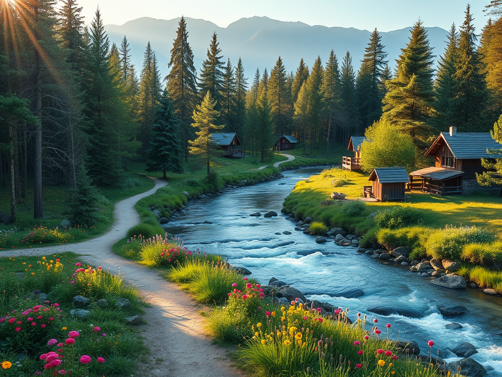 "Peaceful forest path" "gentle river flowing" "colorful wildflowers" "small rustic cottages" "mountain backdrop" "sunlight filtering through trees"