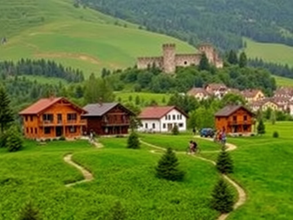 "Four spacious rustic vacation homes" "lush green rolling hills" "dense forest paths" "group of hikers and cyclists" "picturesque quaint villages" "historic stone fortress in background" "peaceful natural countryside setting"