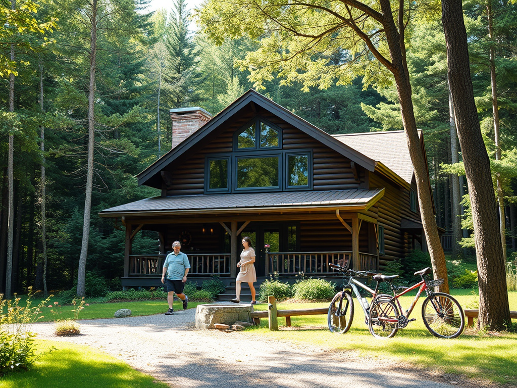 "Cozy rustic vacation home" surrounded by "lush green forest," with "family walking on nature trails," "sunlight filtering through trees," and "bicycles leaning nearby."