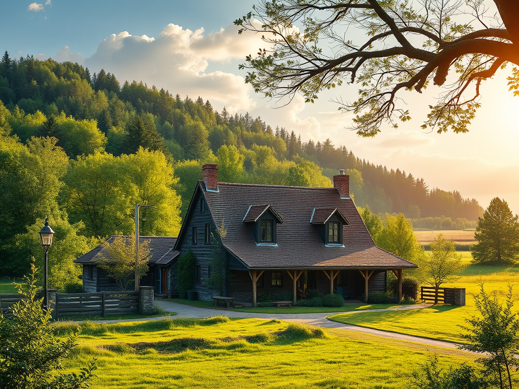"charming countryside farmhouse" surrounded by "lush green forests and open fields," with "spacious rustic cottages," "sunlight filtering through trees," and "peaceful, natural atmosphere."