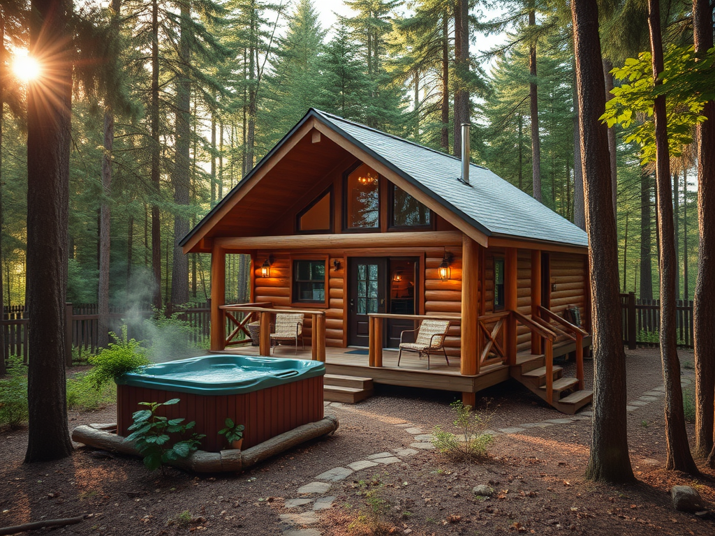 "Cozy spacious cabin" surrounded by "lush green forest," featuring "steaming hot tub," "wooden sauna," with "sunlight filtering through trees" and "serene walking trails."