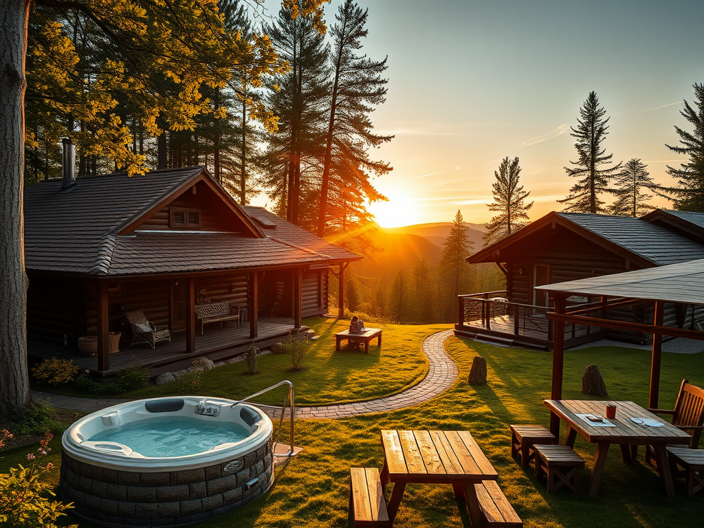 "Cozy rustic cottages" "lush green forest surroundings" "family enjoying sauna and hot-tub" "children exploring nature trails" "warm outdoor bistro with wooden tables" "sunset casting golden light over peaceful landscape"