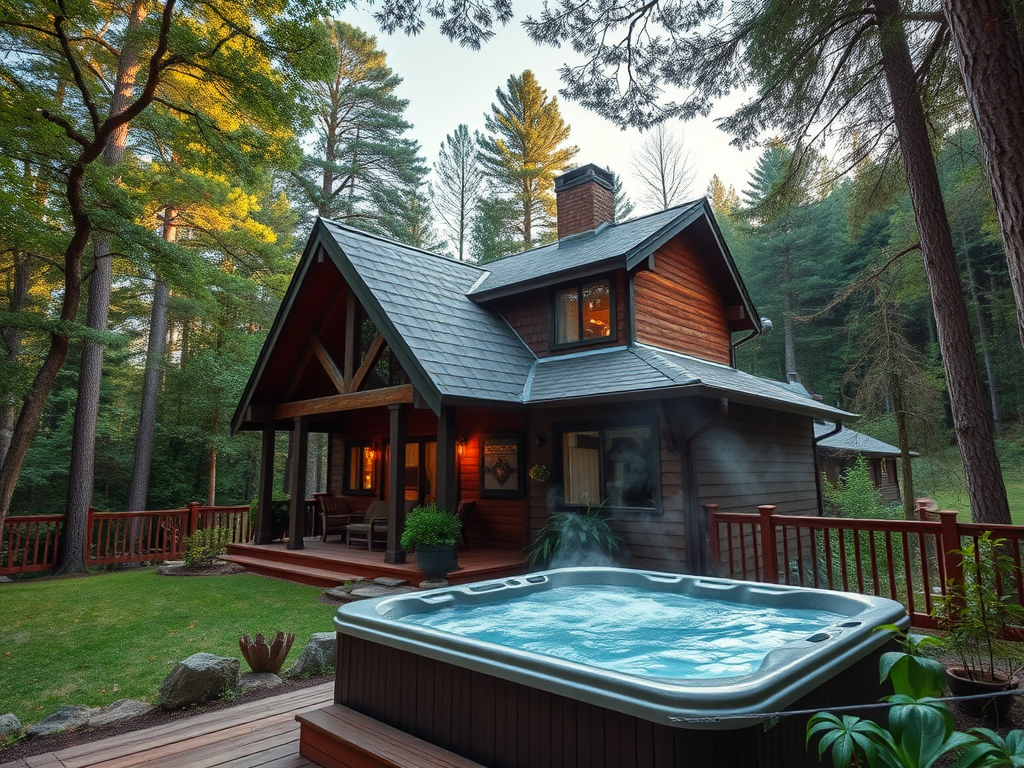 "Cozy rustic vacation home" surrounded by "lush green forest", with "steaming hot tub" outside, "sunset terrace view", and "peaceful nature ambiance".