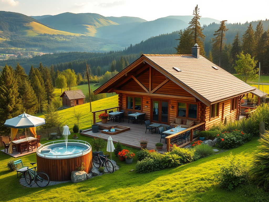 "cozy countryside vacation home" surrounded by "lush green hills and forests" with "a wooden sauna and bubbling hot-tub" nearby, "bistro terrace with local dishes," "hikers and cyclists enjoying nature," peaceful rural landscape, soft sunlight.