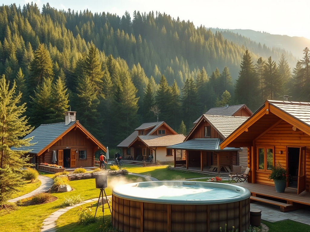"Cozy rustic cottages surrounded by lush green forests" "people hiking and biking on winding trails" "a steaming hot tub near a wooden sauna" "charming village houses under soft sunlight"
