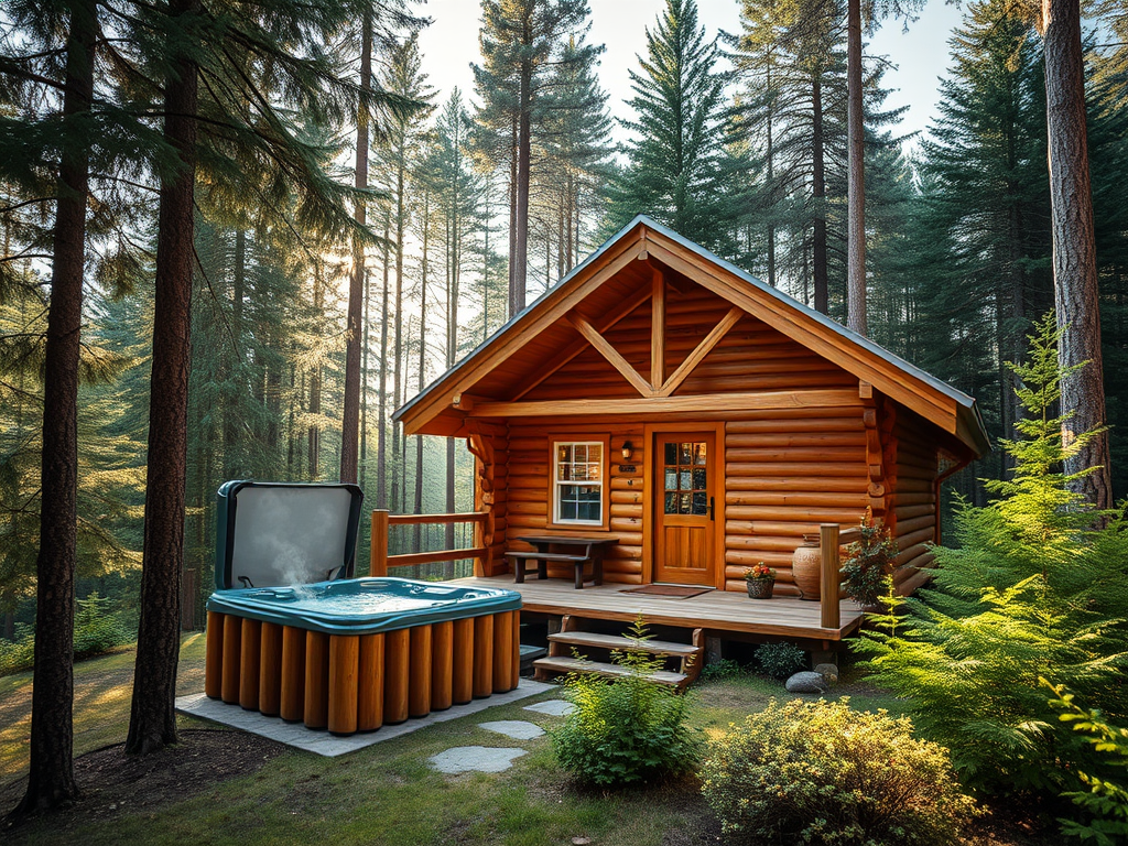 "Cozy spacious cabin" surrounded by "lush green forest," featuring "steaming hot tub," "wooden sauna," with "sunlight filtering through trees" and "serene walking trails."