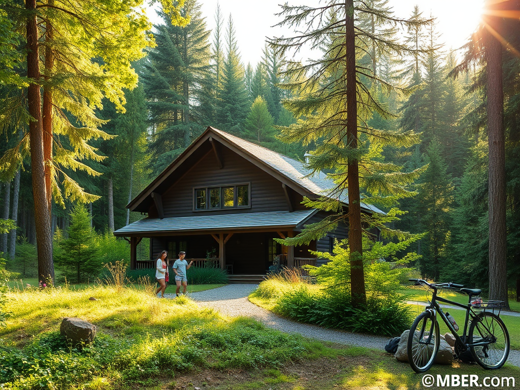 "Cozy rustic vacation home" surrounded by "lush green forest," with "family walking on nature trails," "sunlight filtering through trees," and "bicycles leaning nearby."
