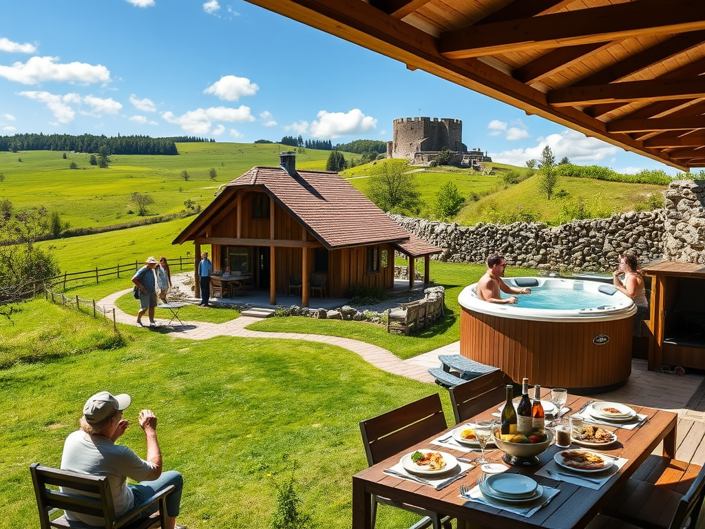 "Cozy rustic farmhouse surrounded by lush green fields" "Group enjoying hiking and biking on nearby trails" "Historic stone fort in the background under a clear sky" "Guests relaxing in outdoor hot tub and sauna area" "Wooden dining table with local dishe