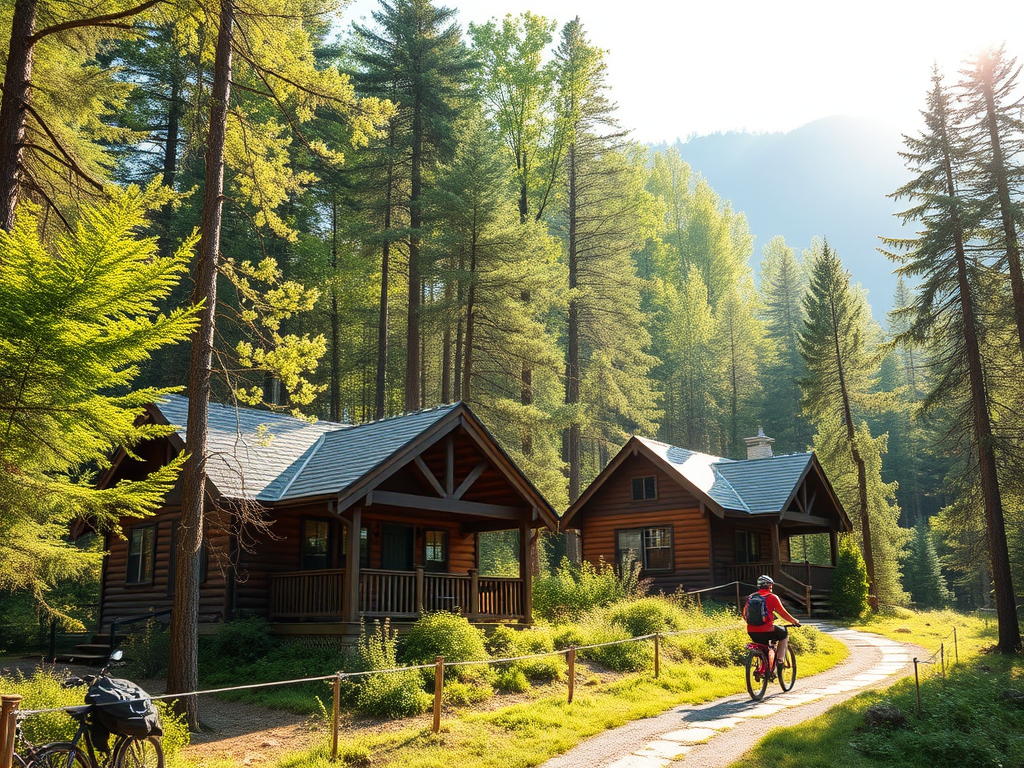 "Cozy rustic vacation homes" nestled in "lush green forest landscape," "sunlight filtering through trees," with "hikers and cyclists enjoying trails," "peaceful natural surroundings."