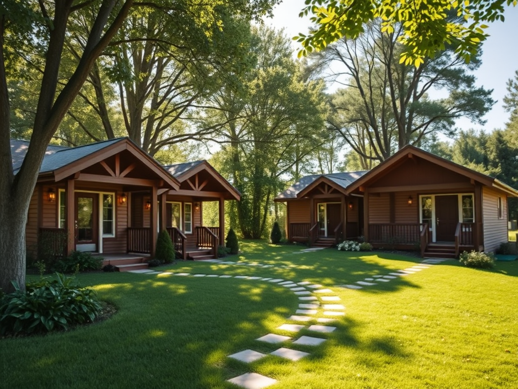 "Four cozy vacation homes" nestled in "lush green landscape," with "sunlight filtering through trees," and "a welcoming pathway" leading to each door.