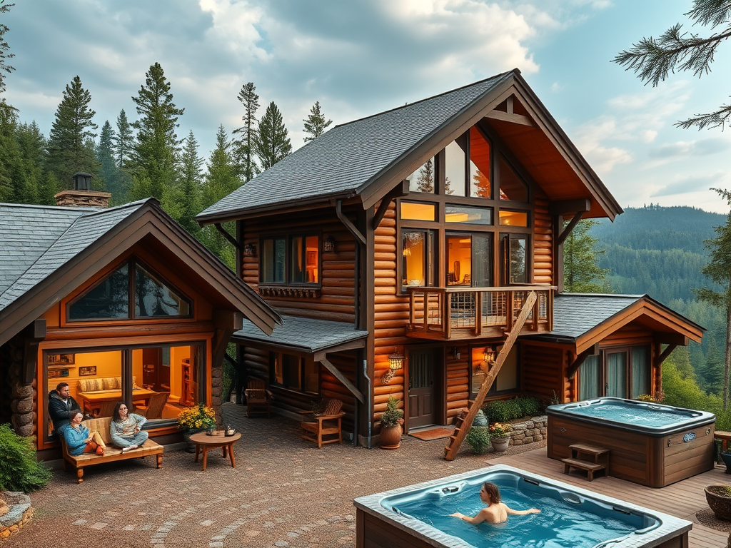 "Four spacious rustic houses" "group of friends enjoying nature" "large windows overlooking forested hills" "sauna and hot tub outdoors" "serene, cozy atmosphere"