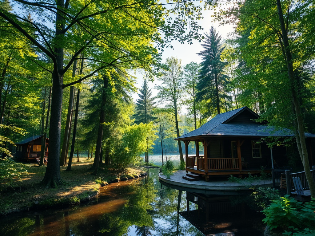 "serene forest cabin" surrounded by "lush green trees," "gentle sunlight filtering through leaves," a "quiet lake reflecting the sky," and a "cozy wooden porch."