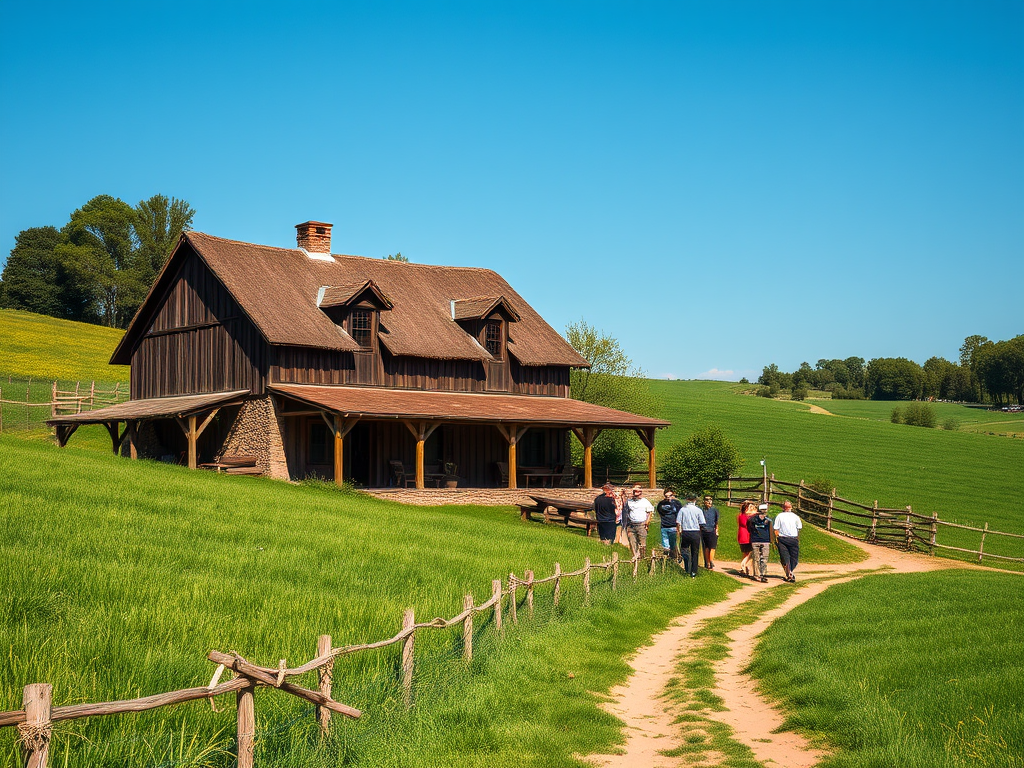 "charming rustic farmhouse" surrounded by "lush green fields," with "a group of people enjoying outdoors," under a "clear blue sky," evoking "peace and adventure."