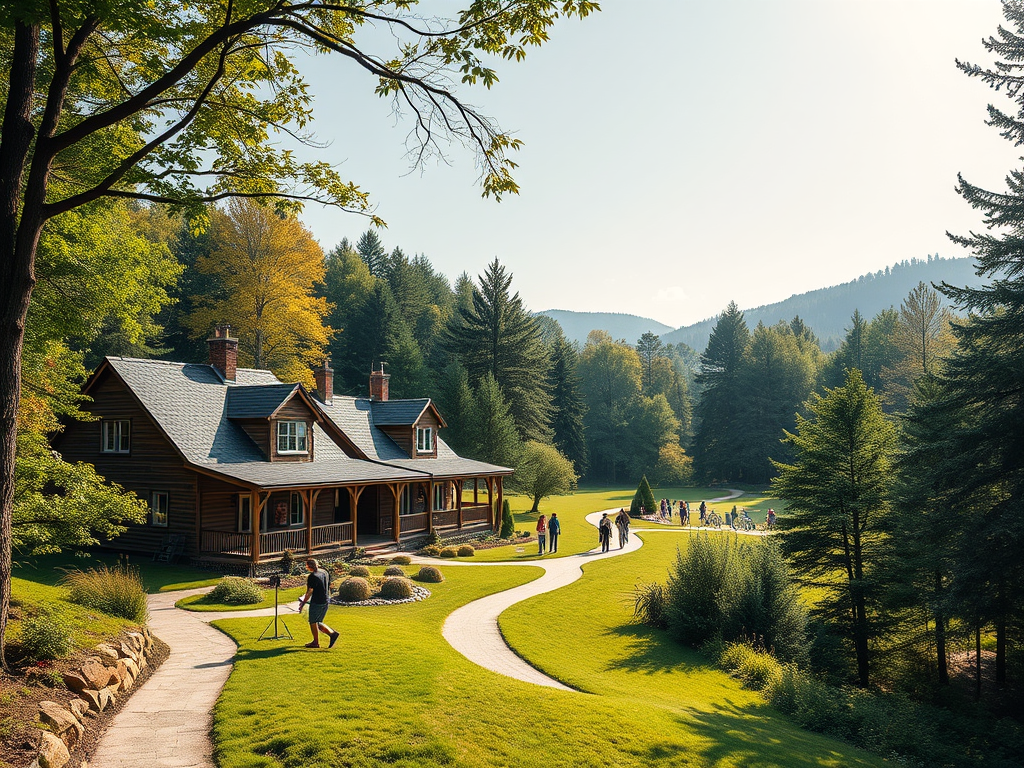 "four spacious cozy cottages" "surrounded by lush green forests" "winding walking and cycling paths" "groups of people enjoying nature" "peaceful, sunny countryside setting"