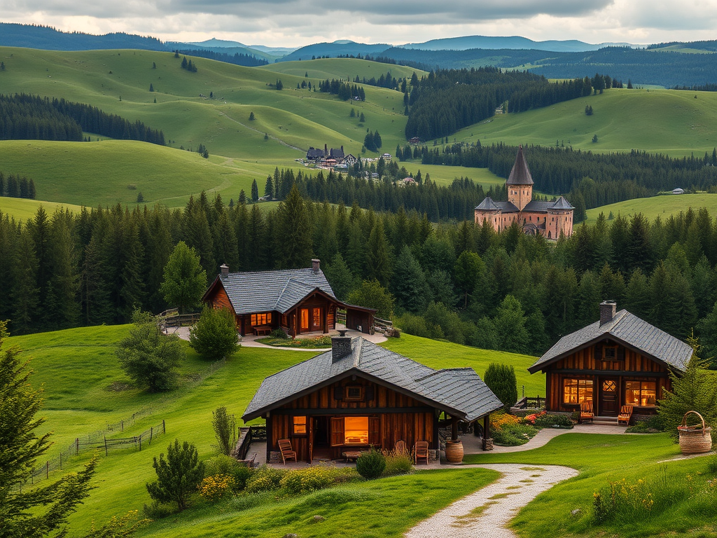 "charming countryside vacation homes" "rolling green hills" "dense forests" "cozy rustic houses with warm lights" "nearby abbey and historic fort" "peaceful walking trails" "inviting sauna exterior" "local fresh produce baskets"