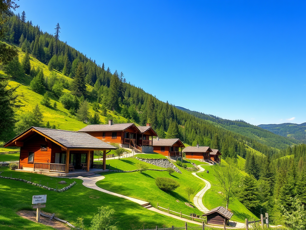 "Cozy rustic vacation homes" surrounded by "lush green hills and dense forests" under a "bright blue sky," with "winding walking trails" and "charming village cottages."