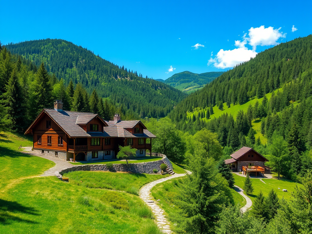 "Cozy rustic vacation homes" surrounded by "lush green hills and dense forests" under a "bright blue sky," with "winding walking trails" and "charming village cottages."