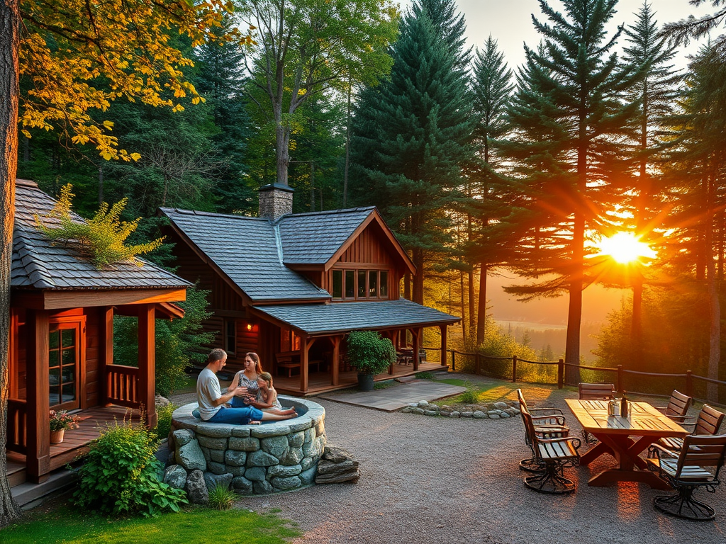"Cozy rustic cottages" "lush green forest surroundings" "family enjoying sauna and hot-tub" "children exploring nature trails" "warm outdoor bistro with wooden tables" "sunset casting golden light over peaceful landscape"