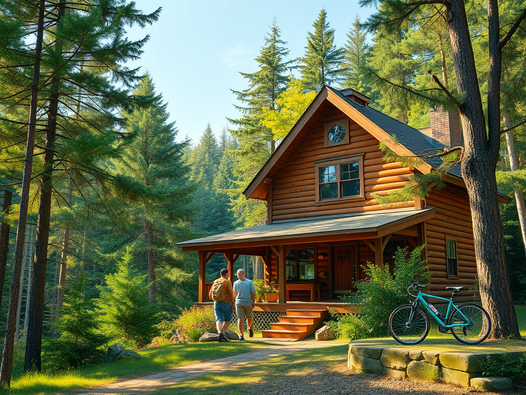 "Cozy rustic vacation home" surrounded by "lush green forest," with "family walking on nature trails," "sunlight filtering through trees," and "bicycles leaning nearby."