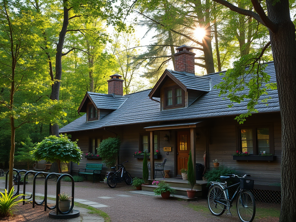 "Cozy rustic cottages" surrounded by "lush green forests," "bicycle racks" nearby, "early morning birdsong ambiance," and "sunlight filtering through trees."