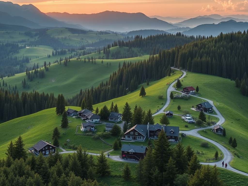 "rolling green hills" "dense forest paths" "quaint village cottages" "comfortable rustic lodging" "hikers enjoying scenic trails" "bicyclists on winding roads" "sunset casting warm light over landscape"